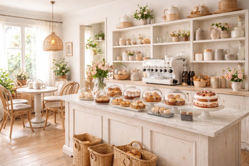 Pasticceria shabby chic con interni chiari, palette soft e dettagli in legno e ceramica
