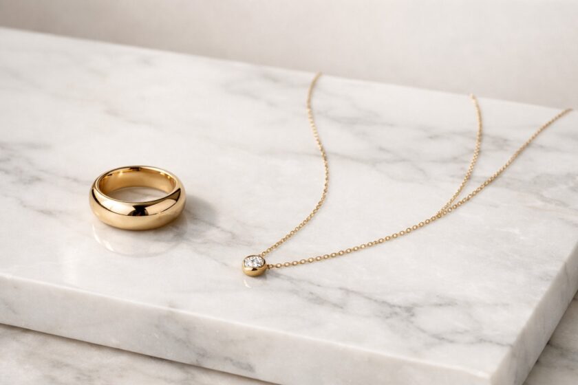 Gioielli di lusso minimal con anello e collana eleganti su superficie raffinata