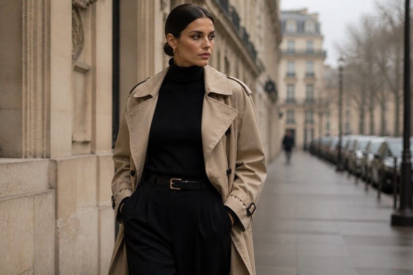 Donna con trench beige e dolcevita nero in stile parigino elegante