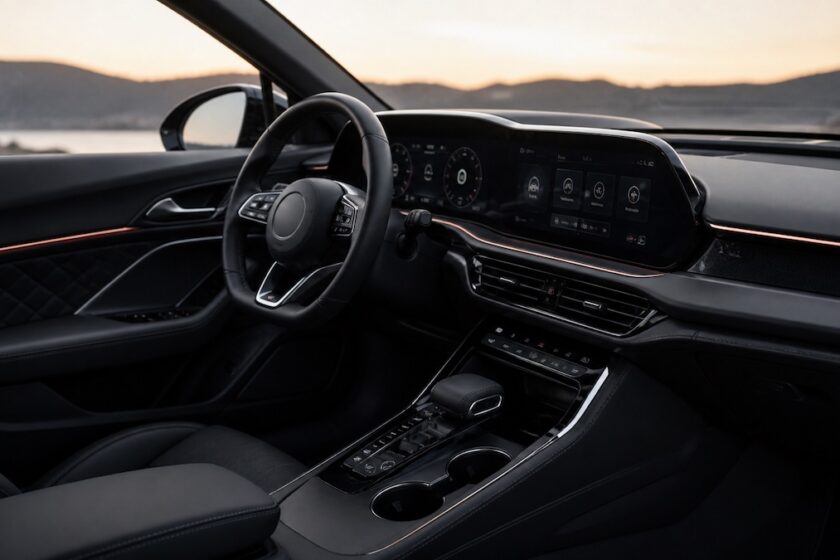 Interni di SUV premium con display digitale e materiali di alta qualità