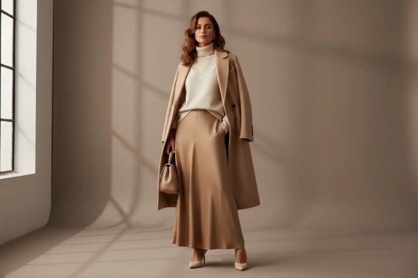 Donna con outfit elegante minimal beige e pantaloni sartoriali