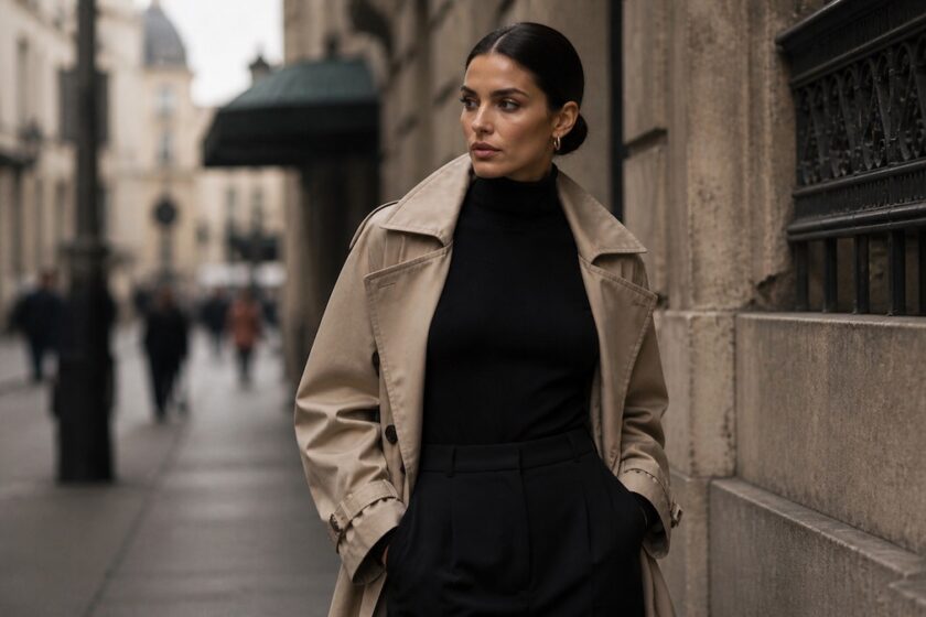 Donna elegante con trench beige e dolcevita nero in stile minimal