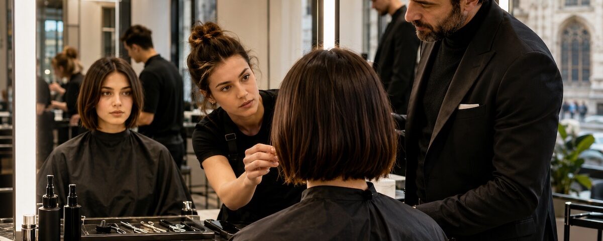 Accademia parrucchieri Milano taglio gratis con modella durante una sessione di taglio supervisionata.
