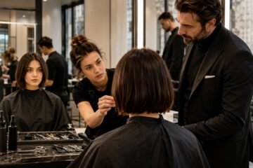 Accademia parrucchieri Milano taglio gratis con modella durante una sessione di taglio supervisionata.