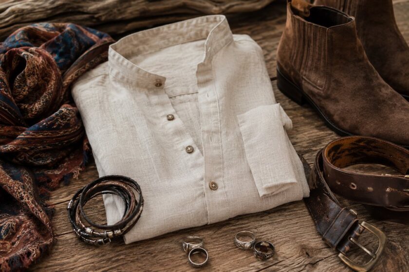 Accessori gipsy uomo con foulard paisley, bracciali in cuoio, anelli in argento e camicia in lino.