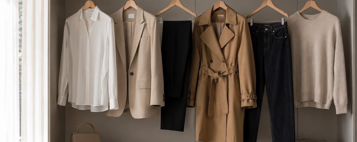 Capi basic in un guardaroba essenziale con camicia bianca, blazer beige, trench e pantaloni sartoriali.