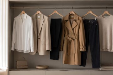 Capi basic in un guardaroba essenziale con camicia bianca, blazer beige, trench e pantaloni sartoriali.