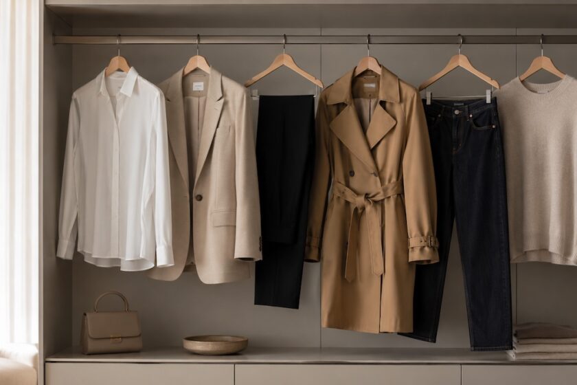 Capi basic in un guardaroba essenziale con camicia bianca, blazer beige, trench e pantaloni sartoriali.