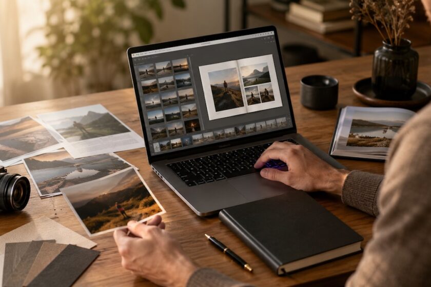 Creazione di un photobook Moleskine online con fotografie selezionate su laptop.