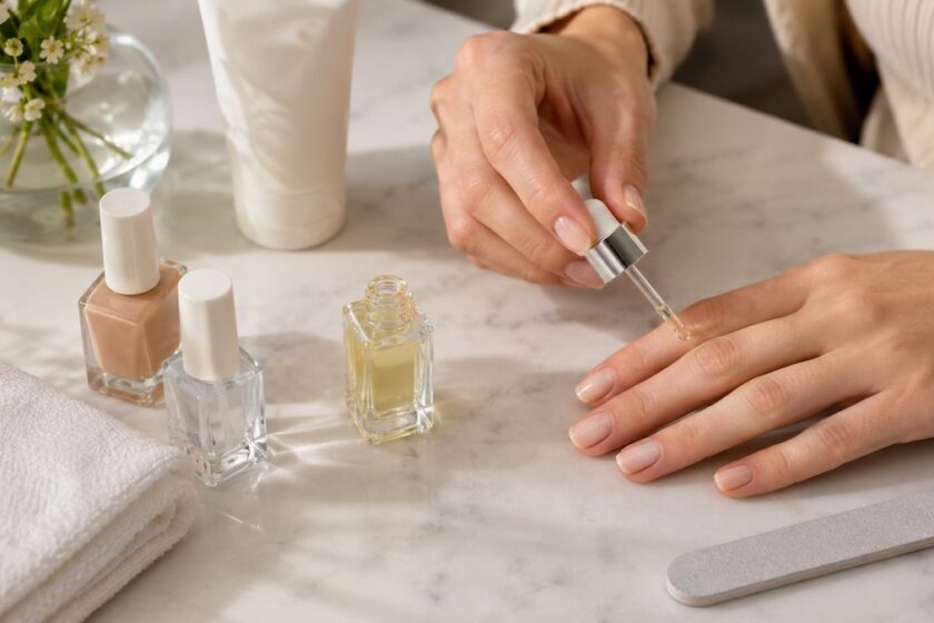 Cura delle unghie con olio per cuticole, lima, crema mani e smalto nude.