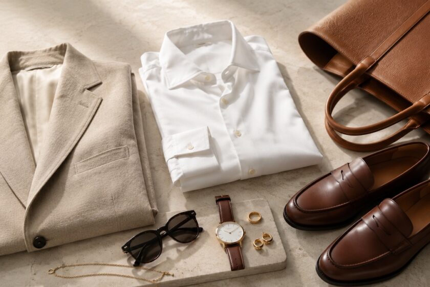 Guardaroba elegante con blazer beige, camicia bianca, mocassini e accessori raffinati.