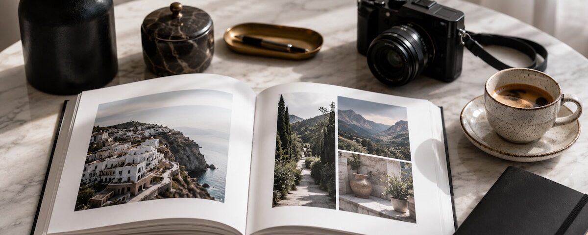 Photobook Moleskine elegante aperto su un tavolo con fotografie di viaggio stampate.