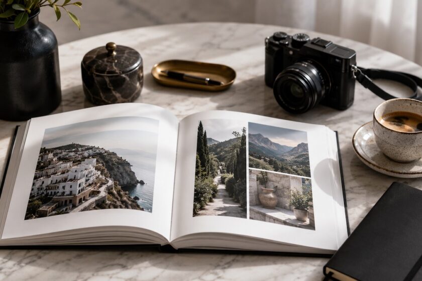 Photobook Moleskine elegante aperto su un tavolo con fotografie di viaggio stampate.