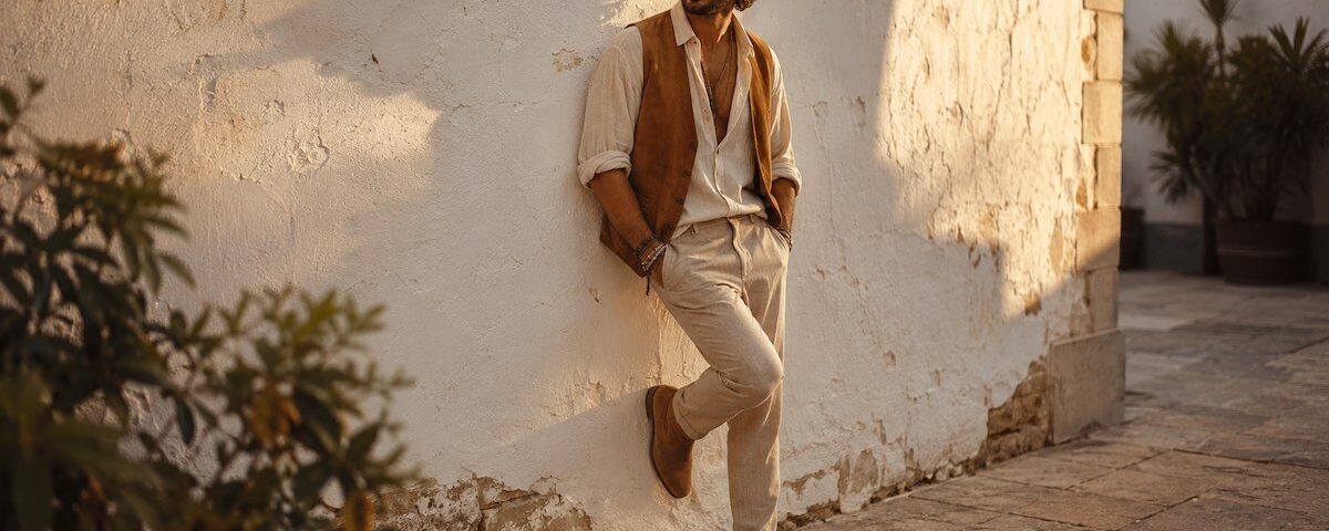 Stile gipsy uomo con camicia in lino, gilet in suede e accessori boho eleganti.