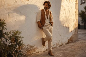 Stile gipsy uomo con camicia in lino, gilet in suede e accessori boho eleganti.