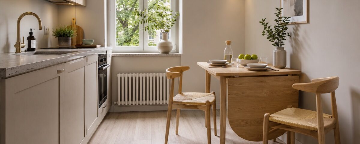 Tavoli cucina salvaspazio in una cucina piccola moderna con tavolo a ribalta in legno chiaro.