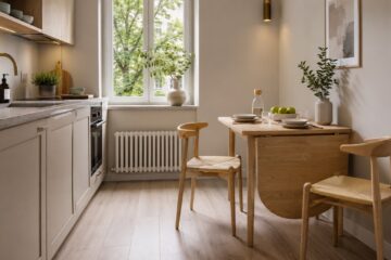 Tavoli cucina salvaspazio in una cucina piccola moderna con tavolo a ribalta in legno chiaro.
