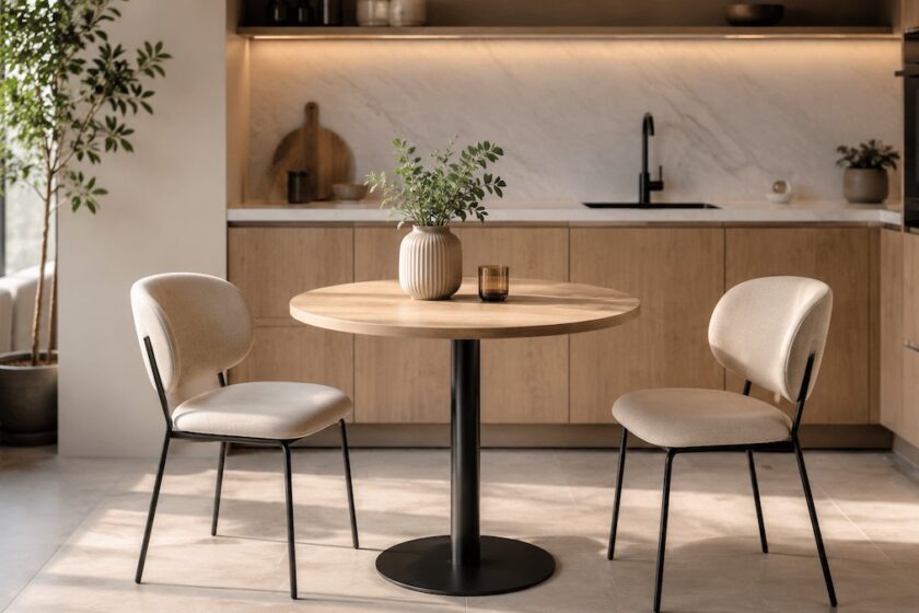 Tavolo rotondo salvaspazio per cucina piccola moderna con sedie leggere coordinate.