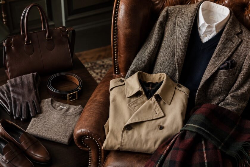 Giacca in tweed, trench, sciarpa tartan e accessori eleganti in stile british