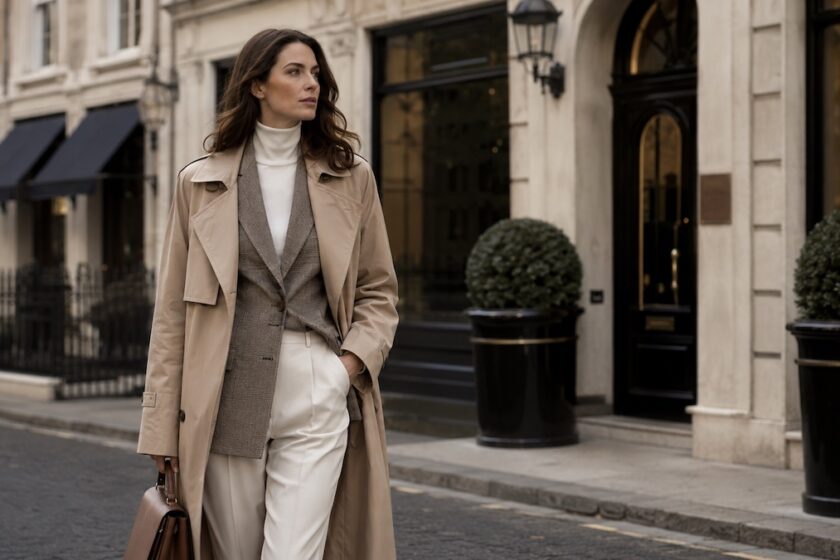 Donna elegante con trench e blazer in stile british luxury