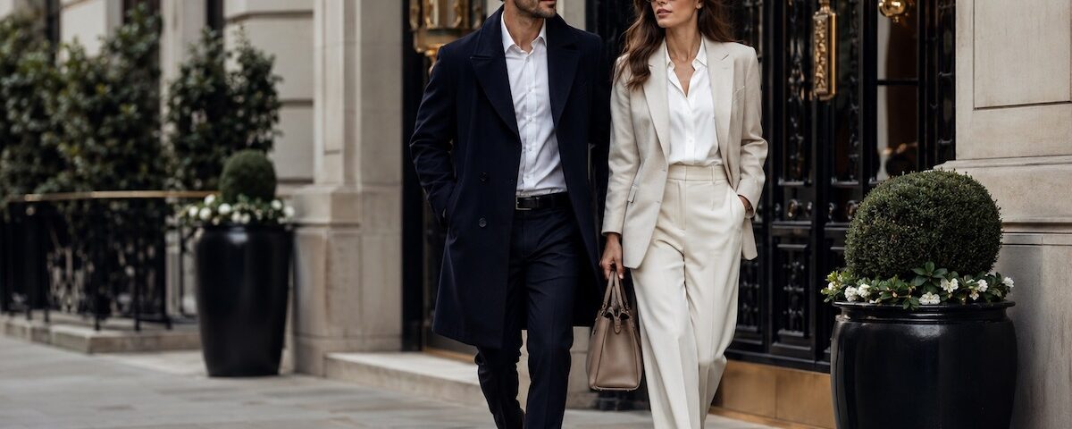 Donna e uomo eleganti con capi classici e raffinati in stile luxury