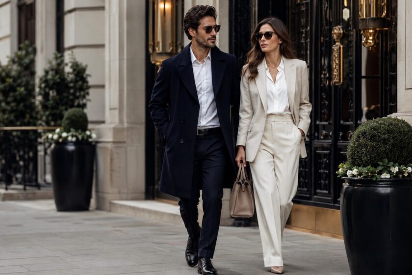 Donna e uomo eleganti con capi classici e raffinati in stile luxury