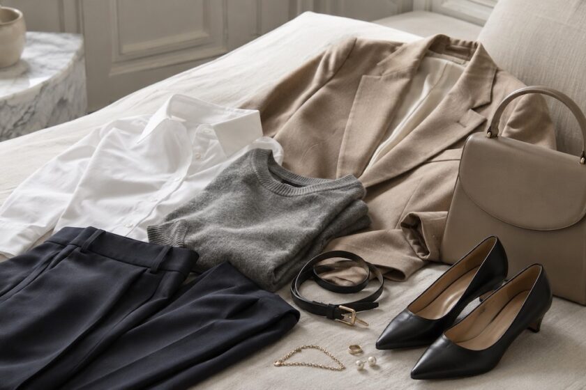Camicia bianca, blazer, maglia in cashmere e accessori eleganti del guardaroba femminile