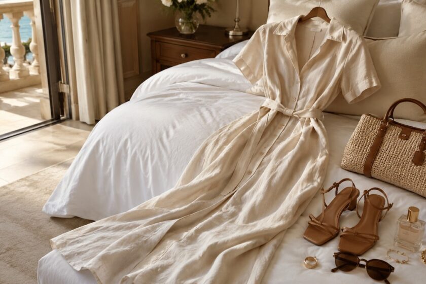 Vestito donna estivo di lusso con sandali, borsa e accessori raffinati