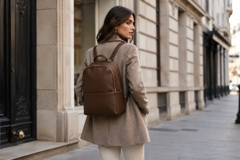 Donna elegante in città con zaino da donna di lusso in pelle