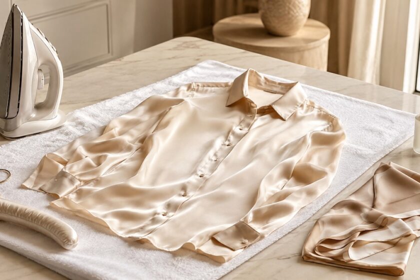 Camicia in seta color champagne distesa su un asciugamano per asciugare correttamente