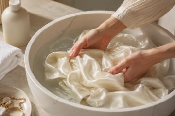 Mani che lavano delicatamente una camicia in seta color avorio in acqua fredda