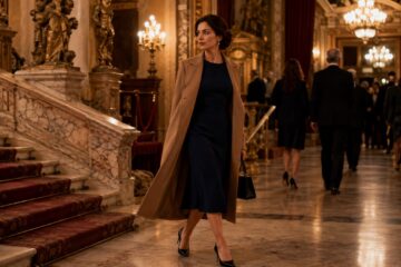 Donna con abito midi e cappotto elegante nel foyer di un teatro