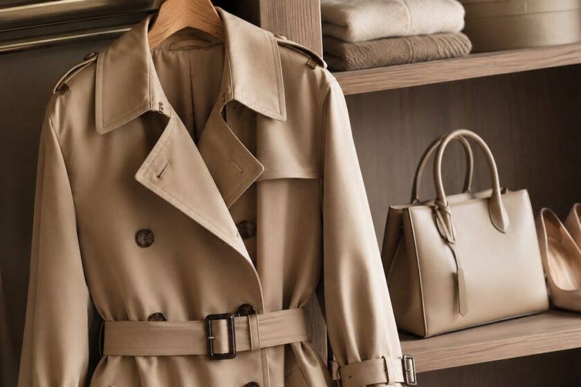 Dettagli sartoriali di un trench elegante da donna beige con cintura e revers