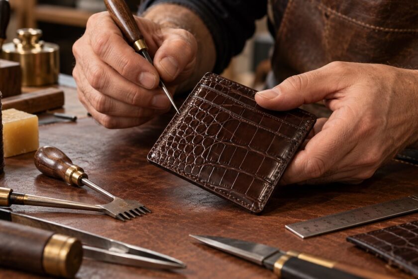 Portafogli in pelle di coccodrillo e lavorazione artigianale