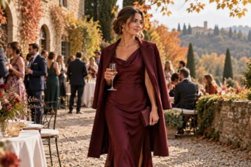 Matrimonio ad ottobre come vestirsi: invitata con abito elegante e cappotto leggero