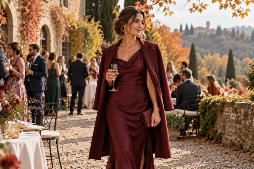 Matrimonio ad ottobre come vestirsi: invitata con abito elegante e cappotto leggero