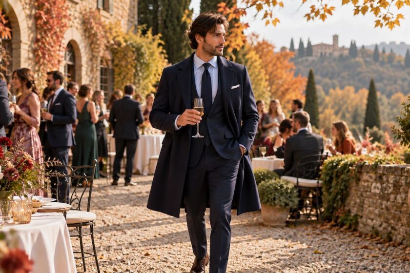 Uomo invitato a un matrimonio in ottobre con completo blu e cappotto elegante